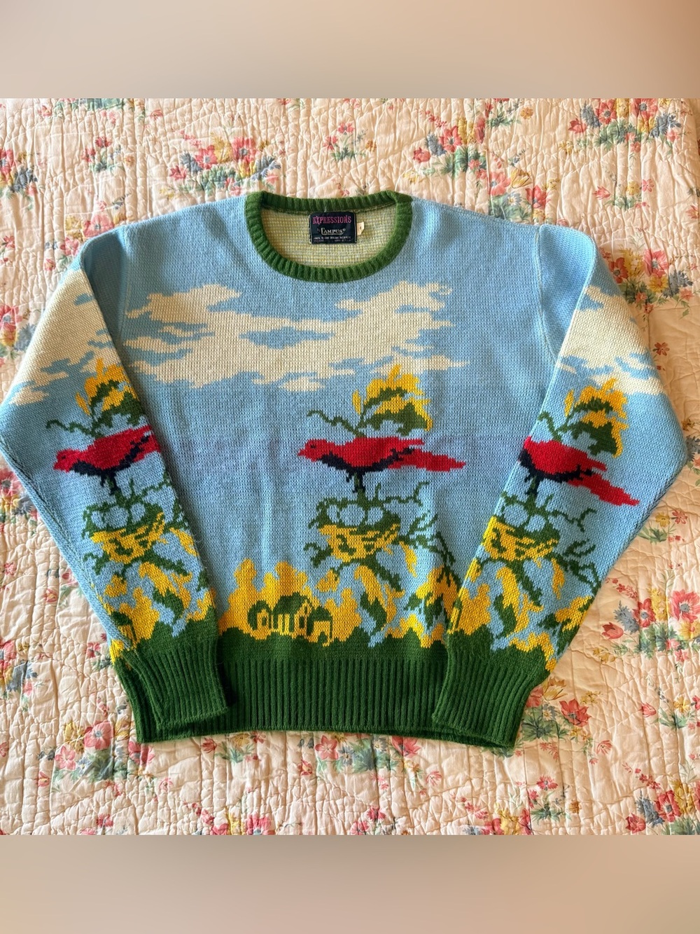 Vintage Expressions by Campus Sunflower Cardinal Bird Sweater L